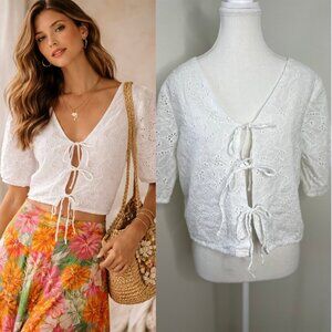 Tissaia Front Tie Embroidered Eyelet Blouse